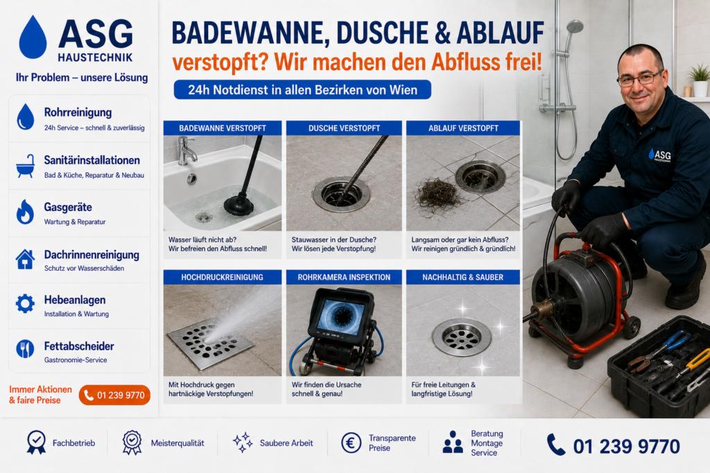 Der A-S-G-Haustechnik Wien Mitarbeiter oder Geschäftsführer Berislav Trbara wartet ihr Badezimmer Abfluss in allen Bezirken Wiens