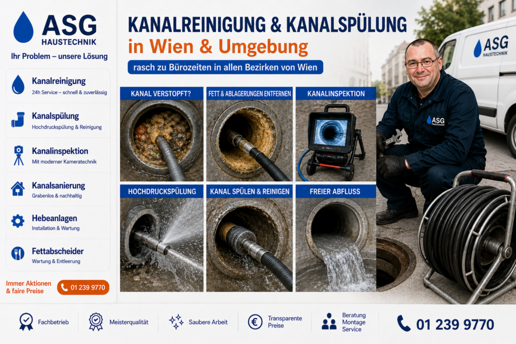 A-S-G Haustechnik Infografik zu Kanalreinigung, Kanalspülung und TV-Kanalinspektion zu Bürozeiten in Wien