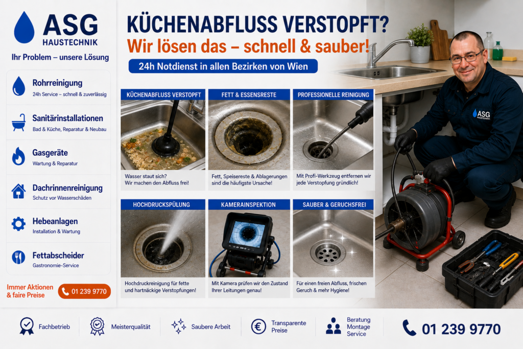 Der A-S-G-Haustechnik Wien Mitarbeiter oder Geschäftsführer Berislav Trbara wartet ihr Küchenabfluss in allen Bezirken Wiens
