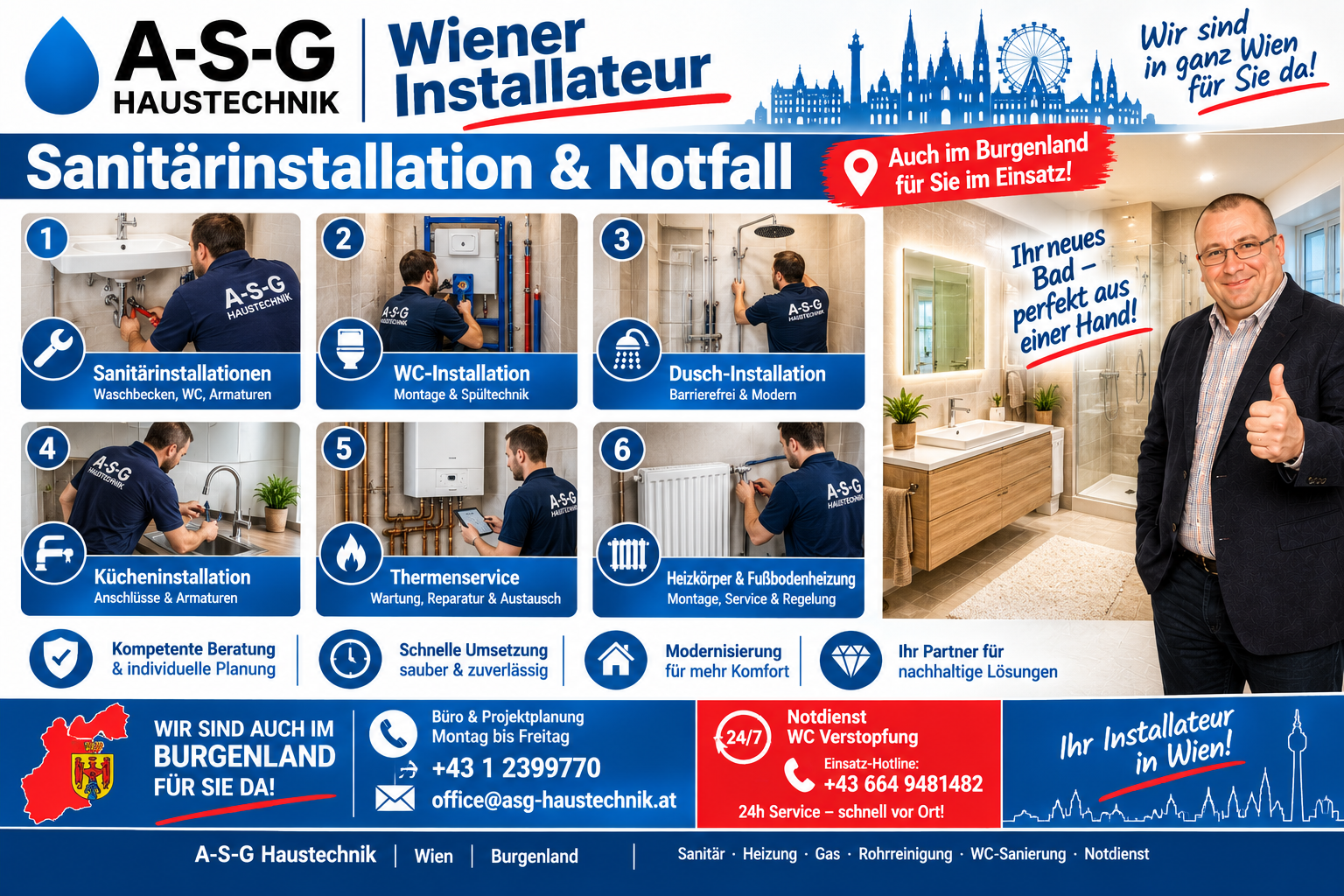A-S-G Haustechnik Infografik zu Sanitärinstallation, Heizungsanlagen und 24h Notdienst bei Wasserschäden im Burgenland mit Inhaber Berislav Trbara