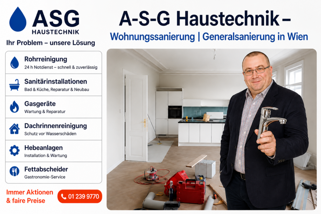 A-S-G Haustechnik Installateur Wien – Leistungen im Überblick: Rohrreinigung, Sanitärinstallationen, Gasgeräte Wartung, Dachrinnenreinigung, Hebeanlagen und Fettabscheider Service für Wohnungssanierung und Generalsanierung.