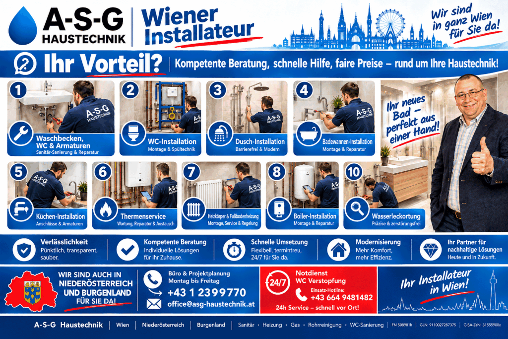 Leistungen der A-S-G Haustechnik und Sanitär Installateur mit 24h Express-Notdienst in allen 23 Wiener Gemeindebezirken